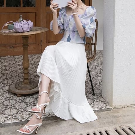 【White Sサイズ即納】シフォン アシンメトリースカート 2色展開