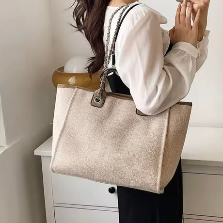 【3サイズ】レザーチェーンキャンバスバッグ 3色展開