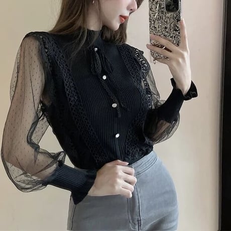 ドットシフォンスリーブ リブレーストップス 2色展開