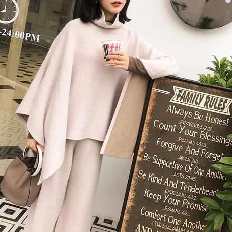 バイカラーハイネックポンチョ パンツセットアップ 3色展開