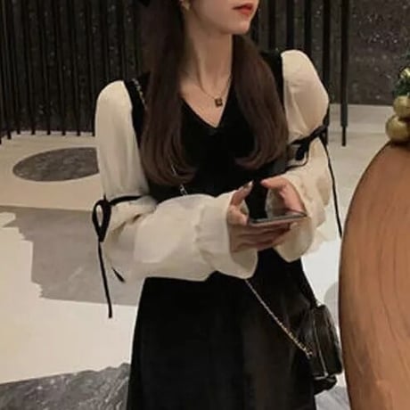 ベロア シフォンスリーブリボンワンピース