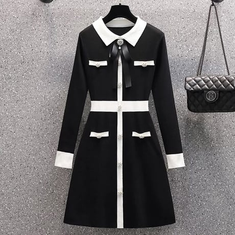 パールビジューリボン バイカラーワンピース 2色展開