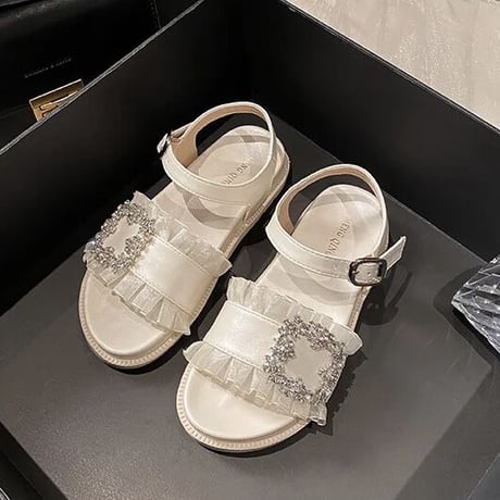 ビジューフラワー フリルサンダル 2色展開