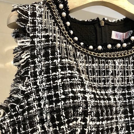パールチェーン ツイードノースリーブワンピース