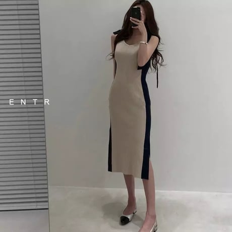 【White即納】ショルダーリボン ラインリブニットワンピース 3色展開