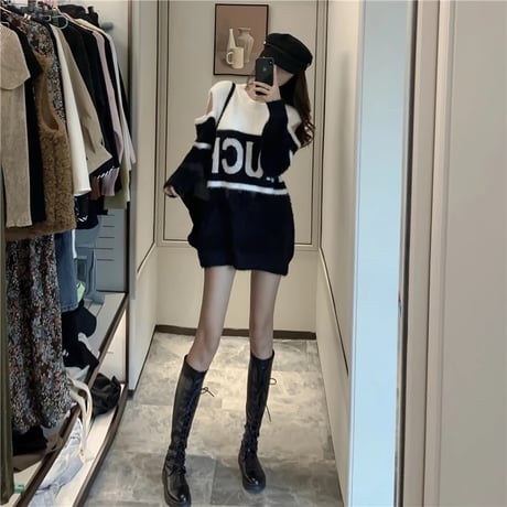 カットアウトショルダー コントラストロゴニット