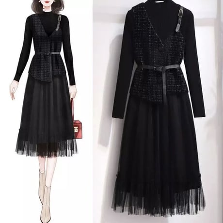ニットチュールワンピース ベストセット 2色展開