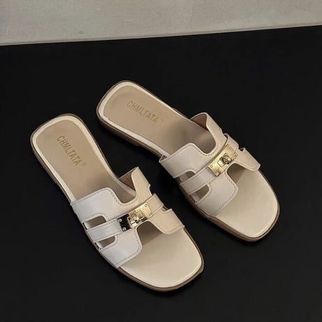 ゴールドバックル レザーフラットサンダル 3色展開
