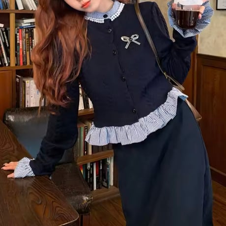 ブルーチェックリボンカーディガンスカートセット