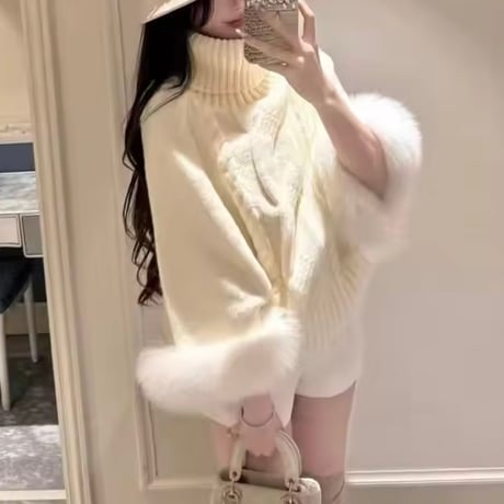 ハイネックケーブルファーポンチョ 3色展開