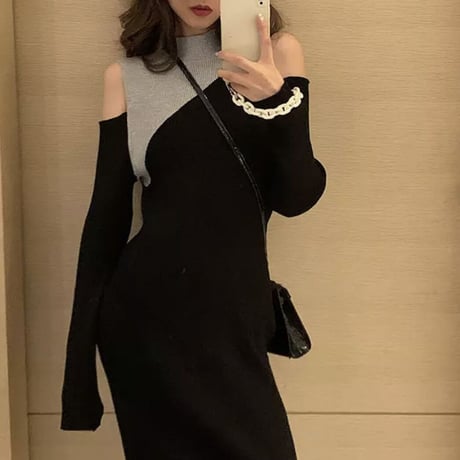 バイカラーハイネック カットワンピース
