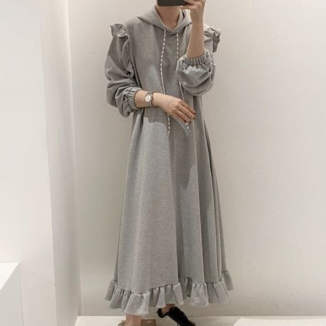 フリルスウェット パーカーマキシワンピース 2色展開