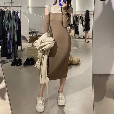 スリーブカット バイカラーニットワンピース 3色展開