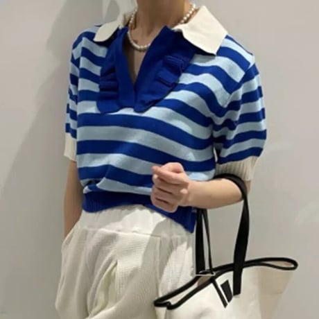 フリルネック ボーダーカラートップス 3色展開