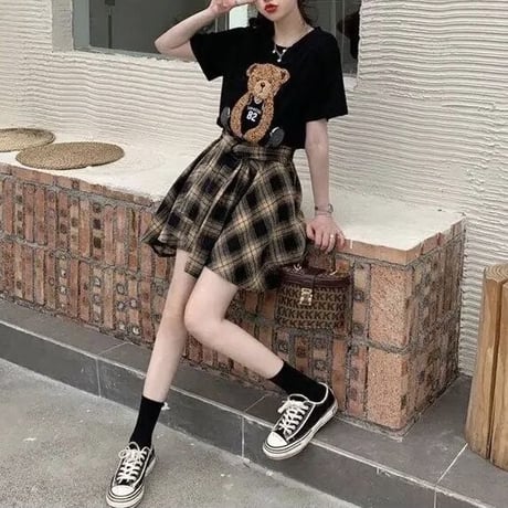 【別売りあり】ベアーTシャツ チェックタイスカートセット