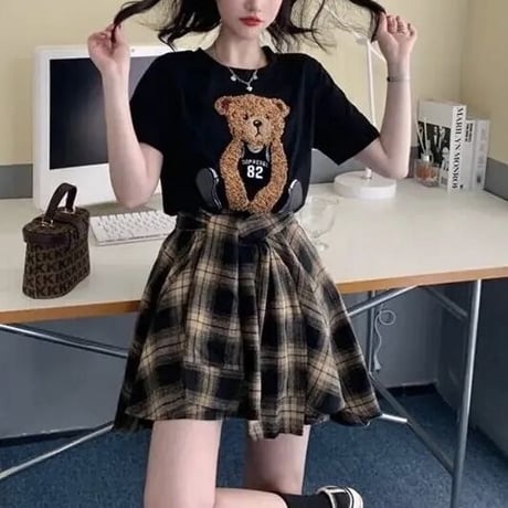 【別売りあり】ベアーTシャツ チェックタイスカートセット