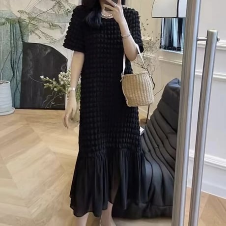 ワッフルシフォンヘム ロングワンピース 2色展開