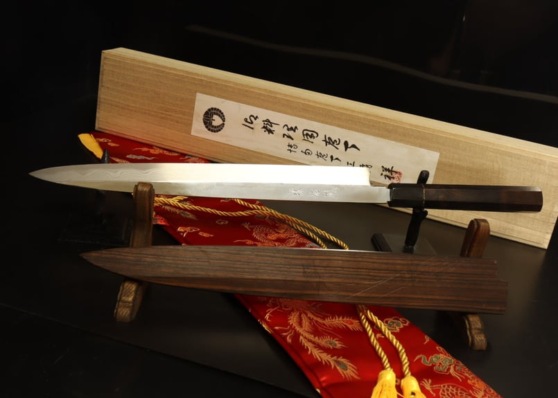 墨流し 渦入り 九寸 切付け柳刃 まろん 切付柳刃 青一鋼 300mm ダマスカス 墨流し 血流し入り 鞘付き