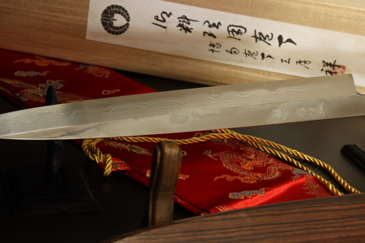 木屋　重房　柳刃包丁　ダマスカス　刃渡り尺一 天然砥石研ぎました。 木屋 重房 柳刃包丁 ダマスカス 刃渡り尺一 天然砥石研ぎました。