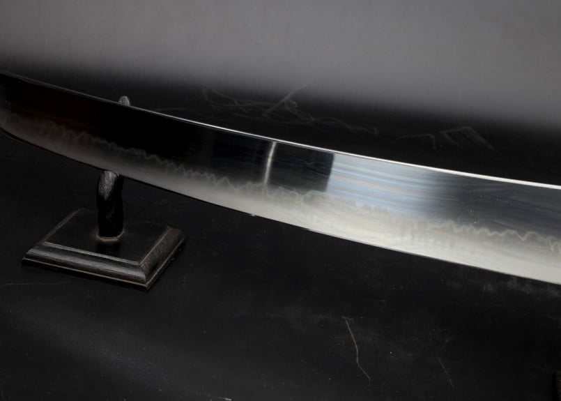 青鋼、水本焼き、柳尺一寸 柳刃 青一鋼 300mm 水本焼 波浮かし刃文 全鏡面仕上 池田美和作