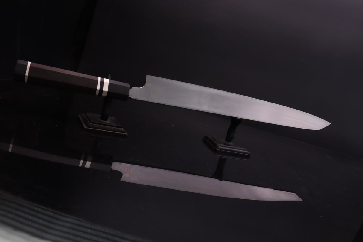 柳刃包丁　玄海正国　水本焼き 青鋼　片刃 柳刃包丁玄海正国水本焼き 青鋼片刃