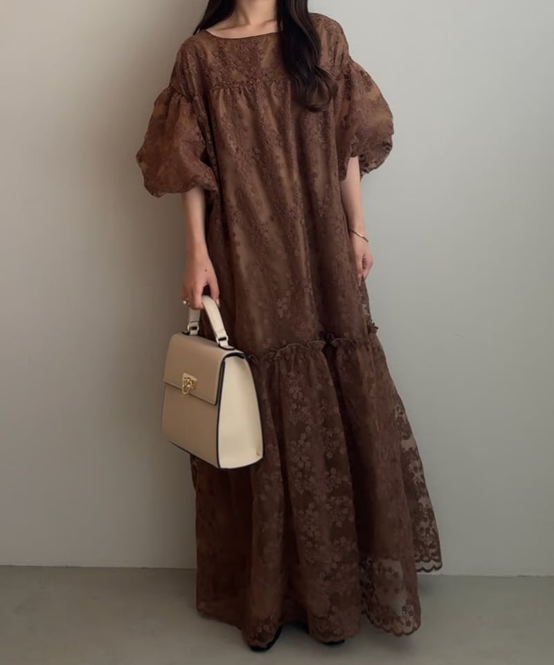 back ribbon flower jacquard dress ivory | yourmle - ワンピース