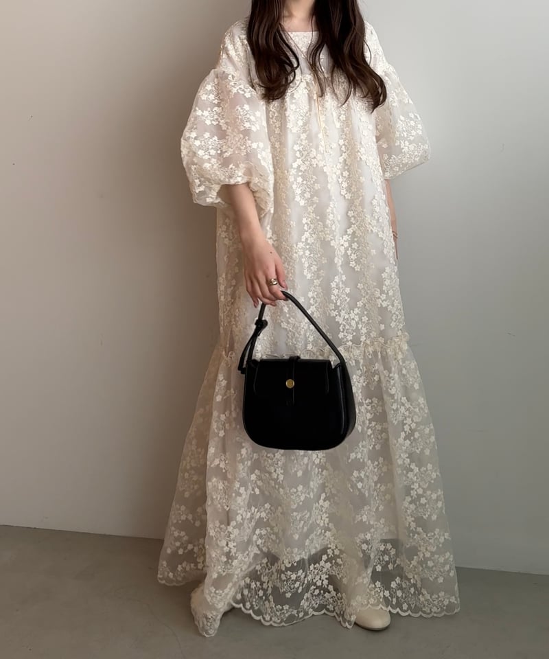 ワンピース back ribbon flower jacquard dress ivory