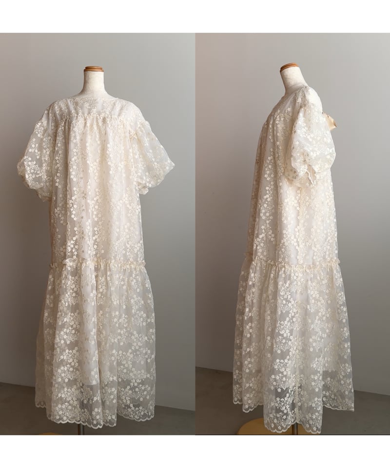 back ribbon flower jacquard dress ivory | yourmle - ワンピース