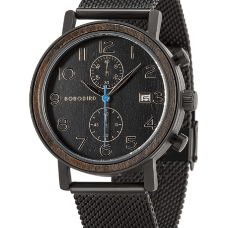 BOBOBIRD ボボバード S08 木製腕時計 ブラック カレンダー表示 秒針ブルー 日本製クォーツムーブメント