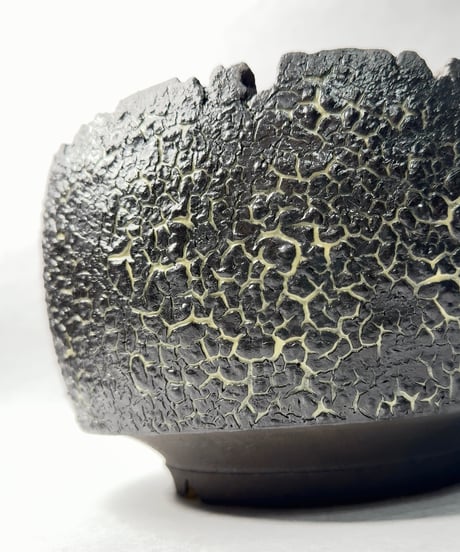 雷土・クラック釉薬ブラックカラーシリーズ鉢 茶碗型サイズ大鉢 爬虫類系釉薬