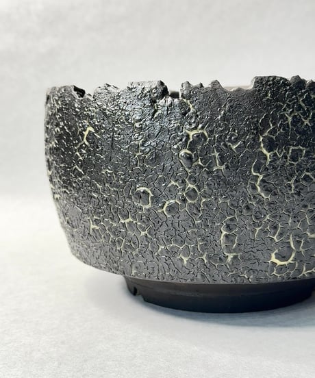 雷土・クラック釉薬ブラックカラーシリーズ鉢 茶碗型サイズ大鉢 爬虫類系釉薬