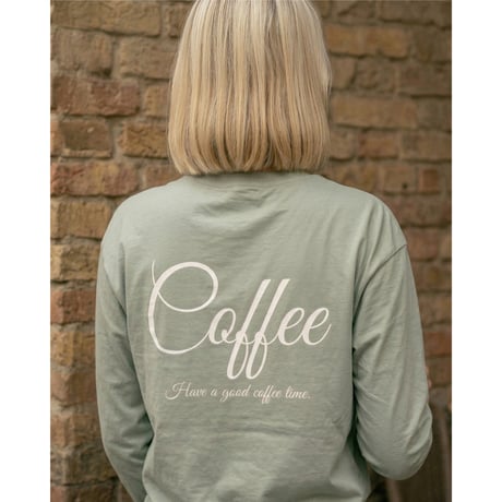 Coffee Print Long Sleeve T-Shirt / Sage Green<L-24-132>
