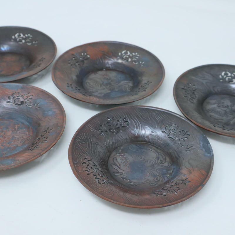 A013【工芸】煎茶 古銅 輝壱造 透彫刻 茶托 5客揃 | 中国美術・茶器 花葉