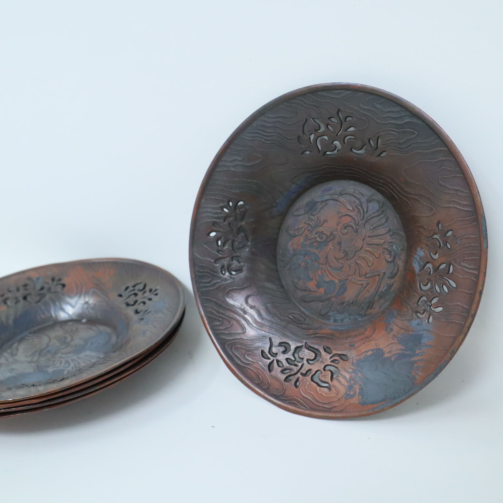 499『唐銅 木の葉形　茶托 5客』　/骨董品 古美術 アンティーク 古玩 original