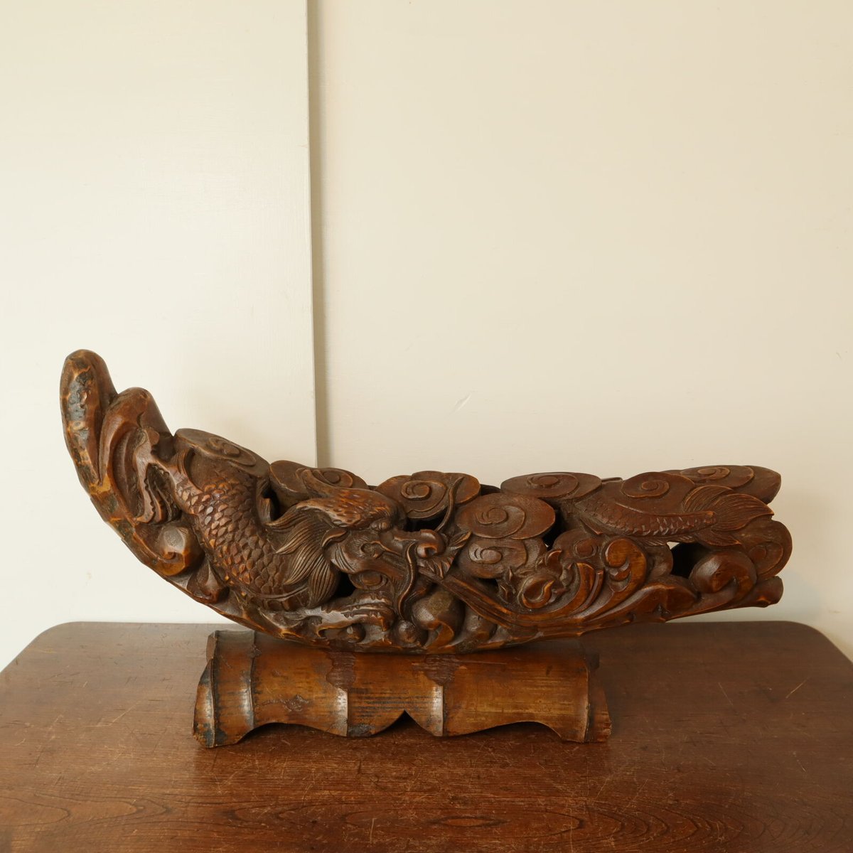 中国古竹細工唐子彫茶合腕鎮臂擱在銘C8332E