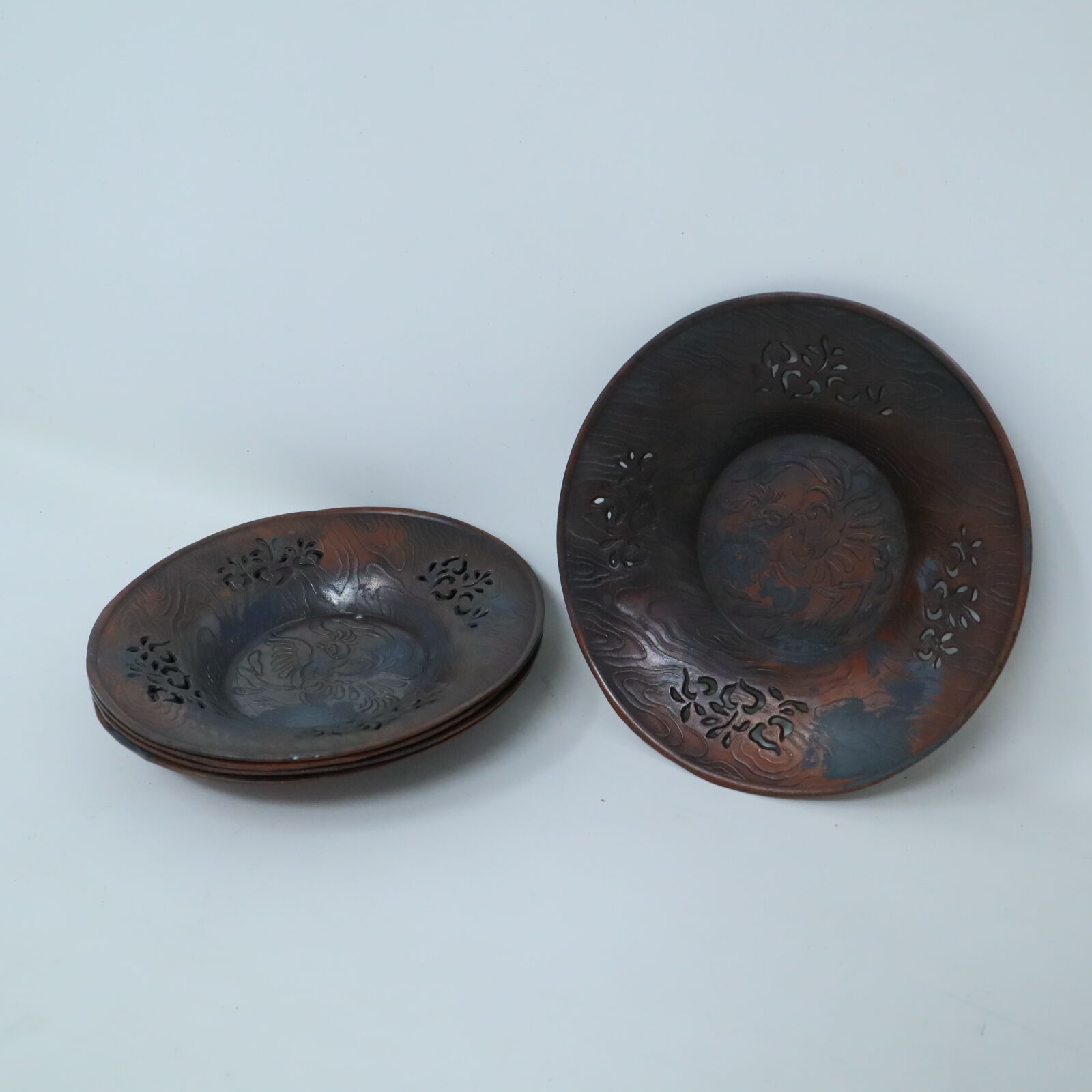 中国　古銅宣徳銅　蓮に蛙　筆洗　水孟　茶托　5点　N　4220 original
