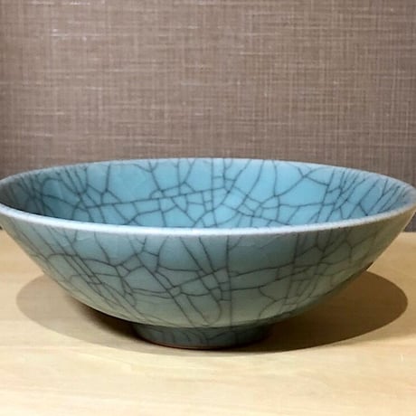 京焼・清水焼　安田茂郎作　七官青磁茶碗　無傷保証　共箱　古物。