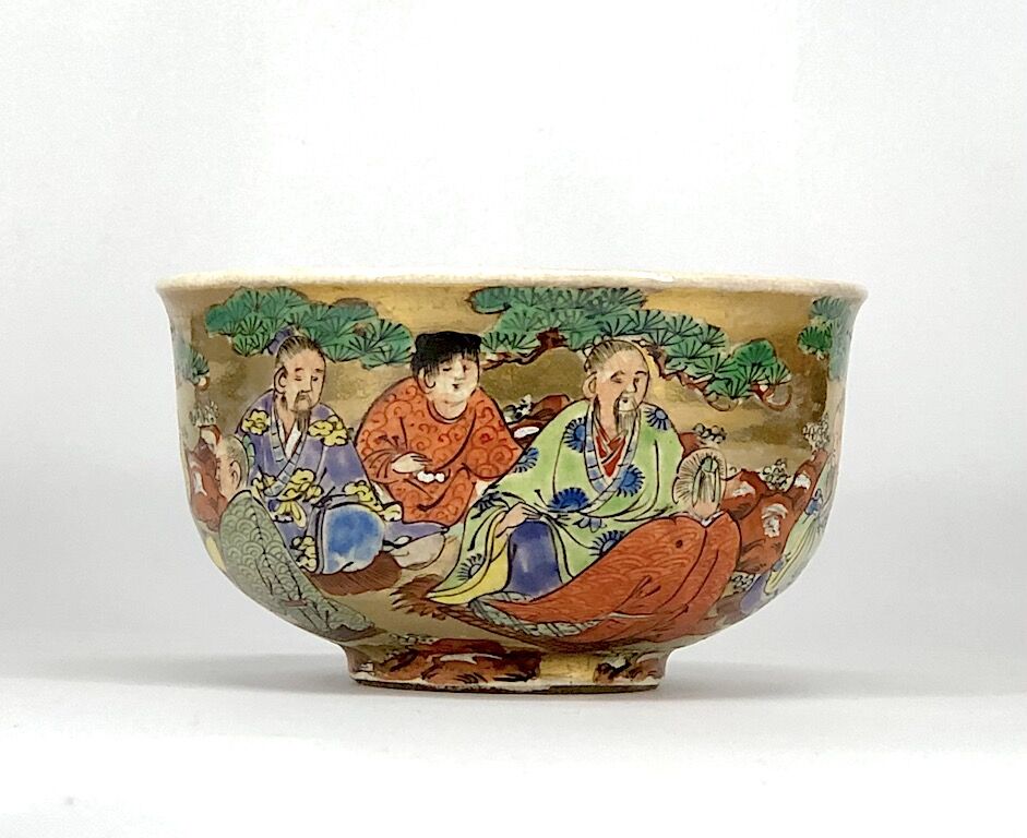 九谷焼 水越与三兵衛(二代） 作 金泥緑釉 茶碗 無傷 箱合 在銘