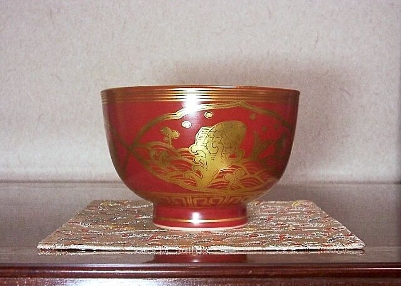 京焼・清水焼手塚大示窯作御題金蘭手大福茶碗共箱古物。