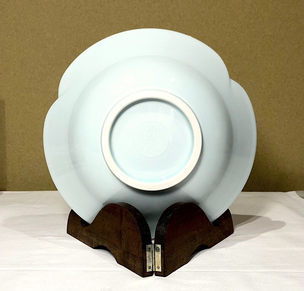 丹波窯 ピーター ハーモン 作 青白磁 花弁鉢 在銘 無傷 共箱