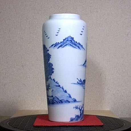 京焼・清水焼　大丸北峰（初代）作　青華山水図　花瓶　無傷　共箱　保証。