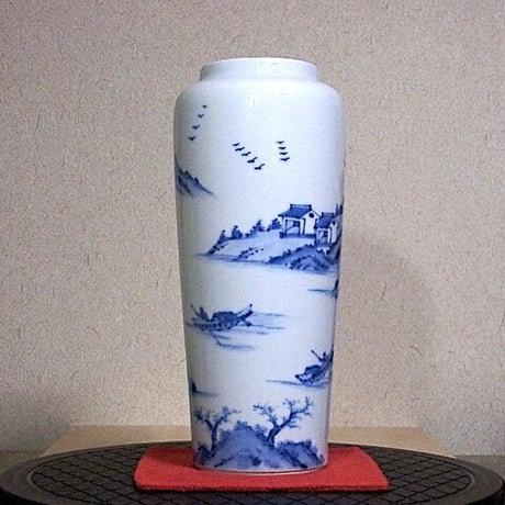 京焼・清水焼　大丸北峰（初代）作　青華山水図　花瓶　無傷　共箱　保証。