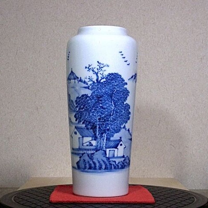 京焼・清水焼 大丸北峰（初代）作 青華山水図 花瓶 無傷 共箱 保証