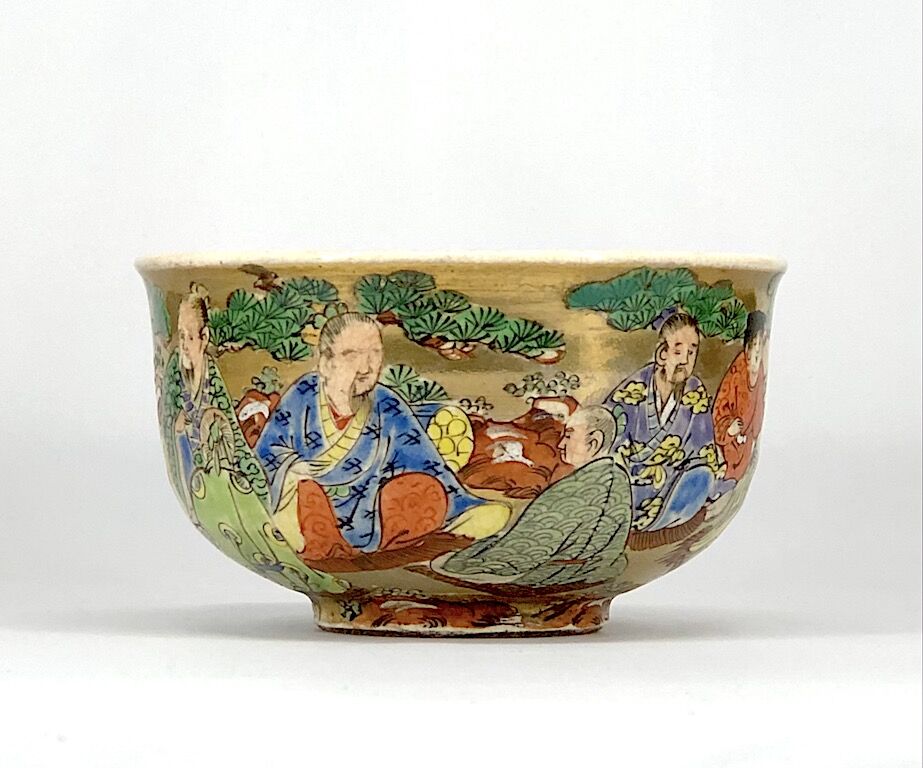 九谷焼 塗師淡斎 作 銘：惺々著 茶碗 共箱 無傷 保証。 九谷焼 塗師淡