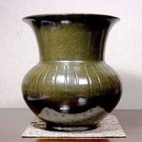 宋様陶瓷　六合窯　松林廣 作　鉄釉線文　花入　無傷・共箱・共布　保証。