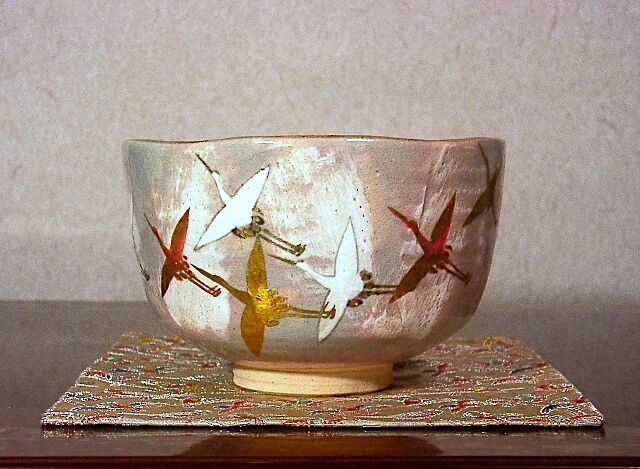 京焼・清水焼 南口閑粋作 乾山写 群鶴 茶碗 共箱 古物