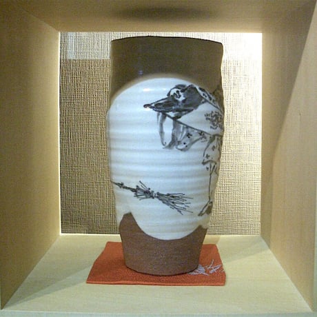 京焼・清水焼　村田陶苑作　寒山拾得絵　置物　共箱　古物。