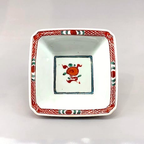 渋草焼　作者不詳　呉洲赤絵　五彩赤玉花卉「玉堂佳器」文鉢　四客　無傷　箱合　古物。