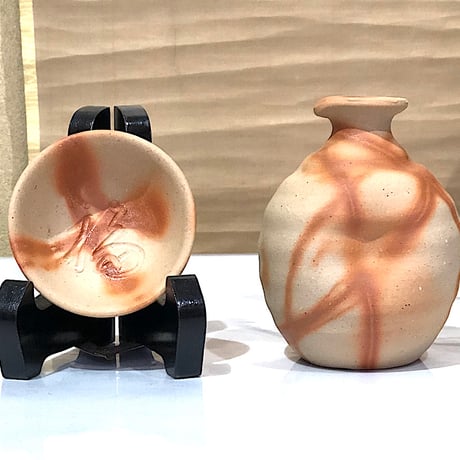 備前焼　堀川南山作　徳利猪口揃　鬼　福　無傷　化粧箱　保証　古物未使用。