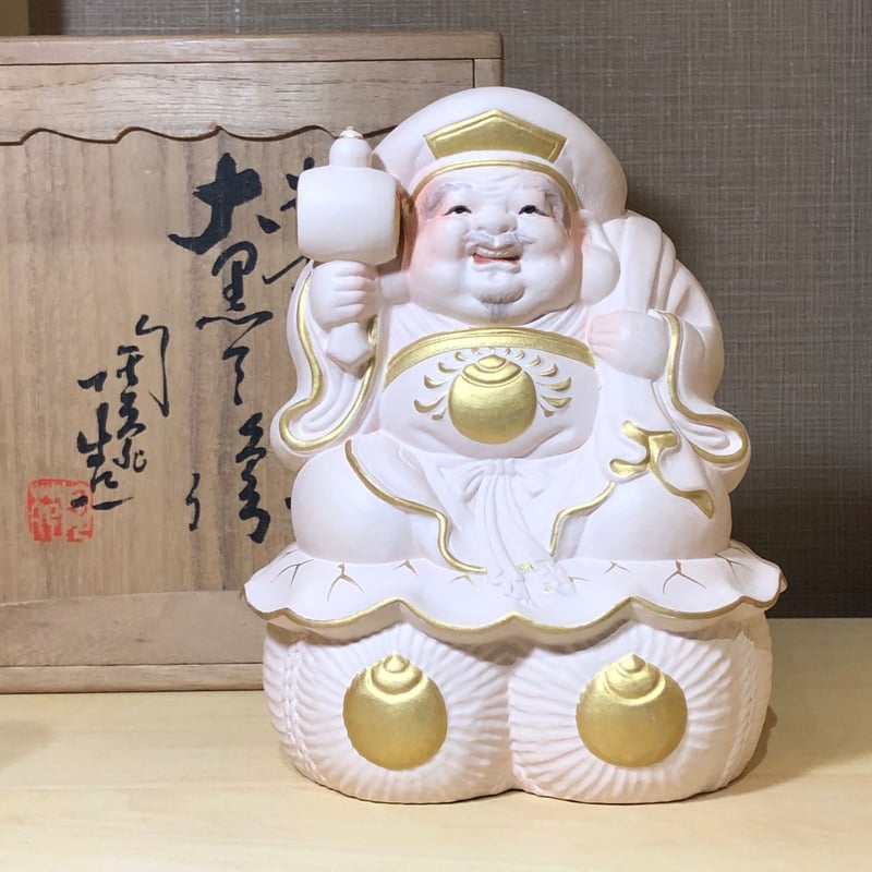 京焼・清水焼　初代 村田陶苑 作　色絵　招福 大黒天像　共箱　無傷。 京焼・清水焼 初代 村田陶苑 作 色絵 招福 大黒天像 共箱 無傷